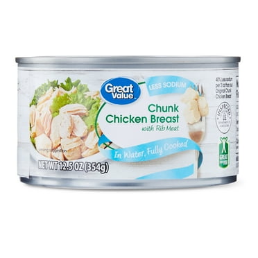Great Value Less Sodium Chunk Chicken Breast with Rib Meat, in Water Fully Cooked 12.5 Ounce Can