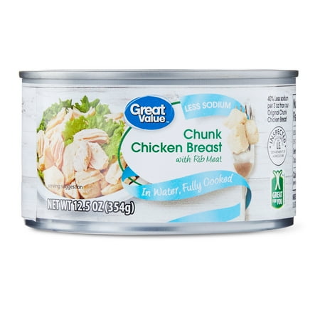 Great Value Less Sodium Chunk Chicken Breast with Rib Meat in Water, 12.5 oz Can