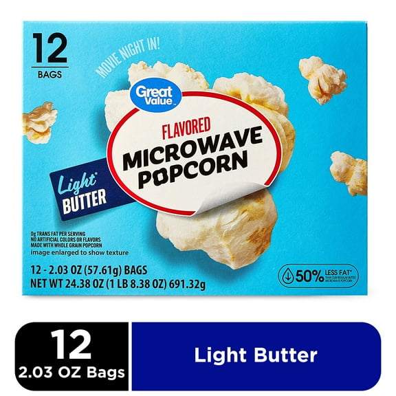 Great Value Light Butter Flavored Microwave Popcorn, 2.03 oz, 12 Count