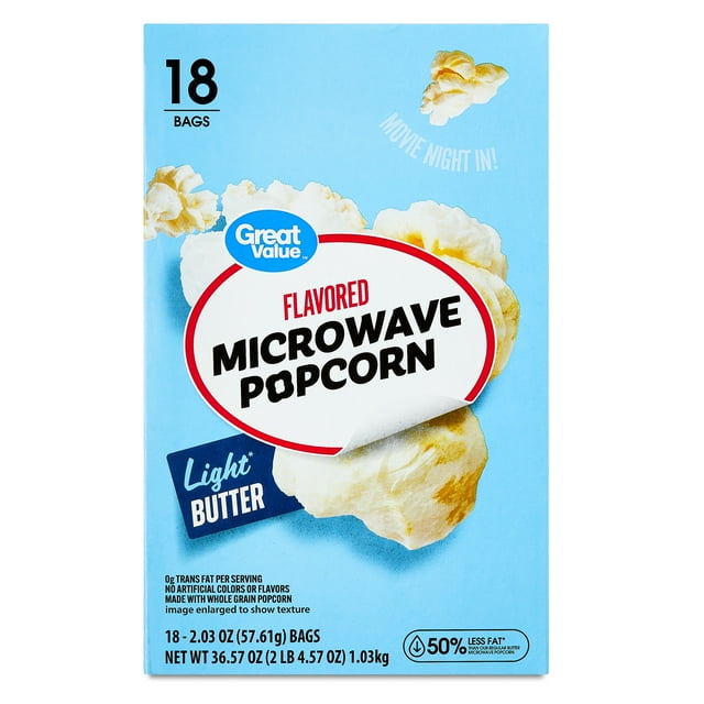 Great Value Light Butter Flavored Microwave Popcorn, 2.03 oz, 18 Count