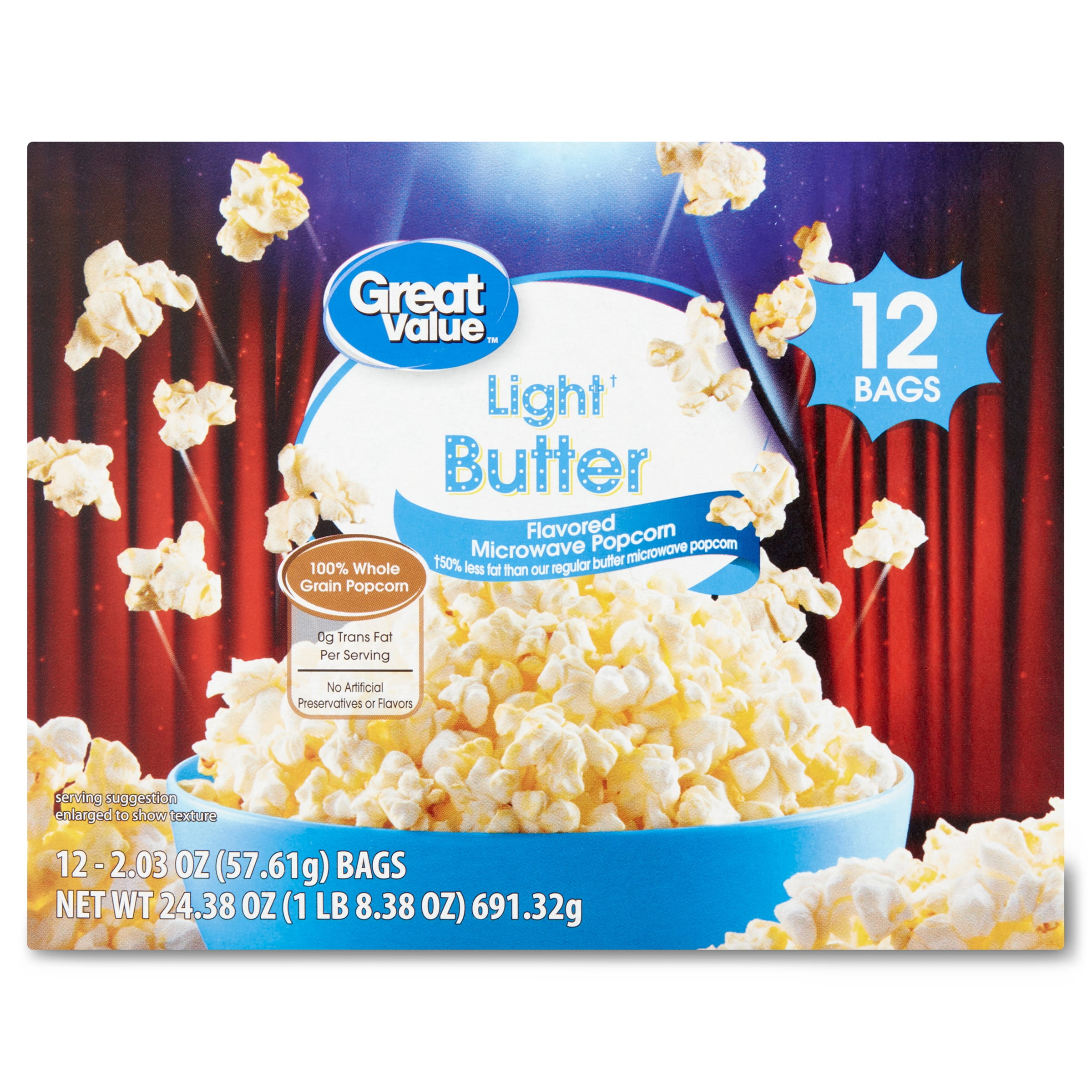 Great Value Light Butter Microwave Popcorn, 2.03 oz, 12 Count