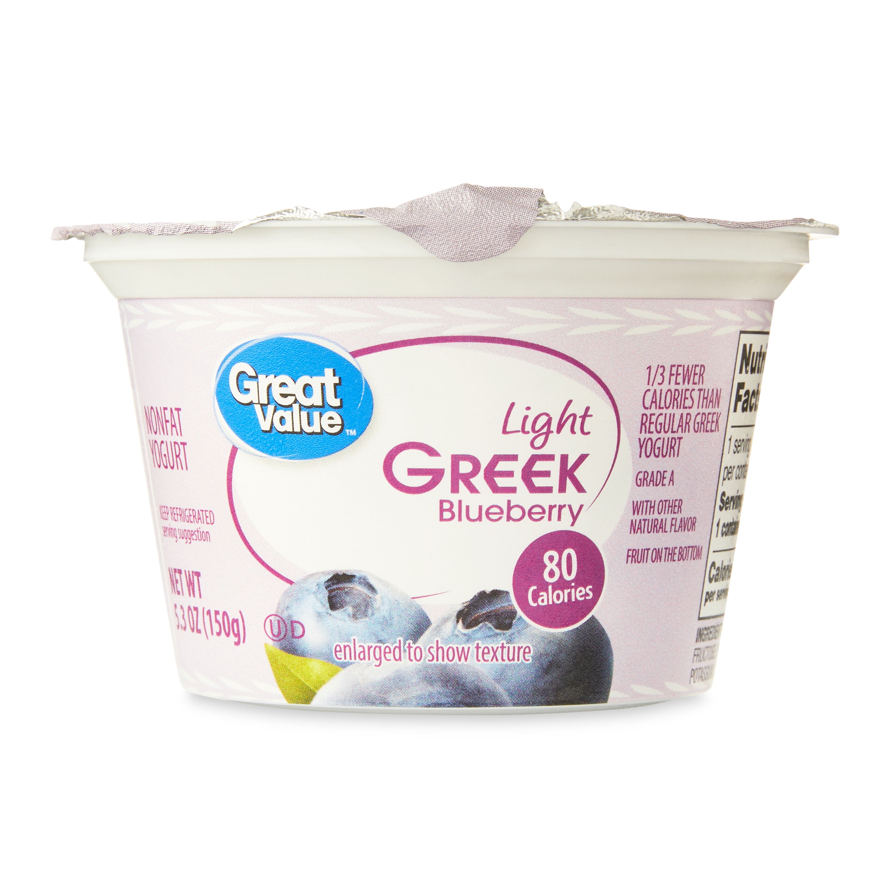 Great Value Light Greek Blueberry Nonfat Yogurt, 5.3 oz Cup