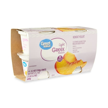 Great Value Peach Light Nonfat Greek Yogurt, 5.3 oz Cups, 4 Pack