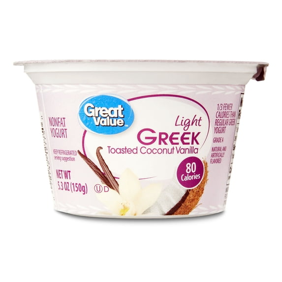 Great Value Toasted Coconut Vanilla Light Nonfat Greek Yogurt, 5.3 oz Individual Cup