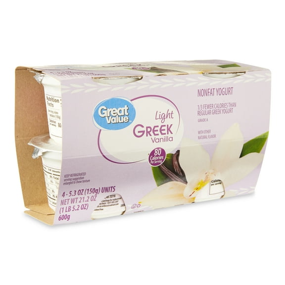 Great Value Vanilla Light Nonfat Greek Yogurt, 5.3 oz Cups, 4 Pack