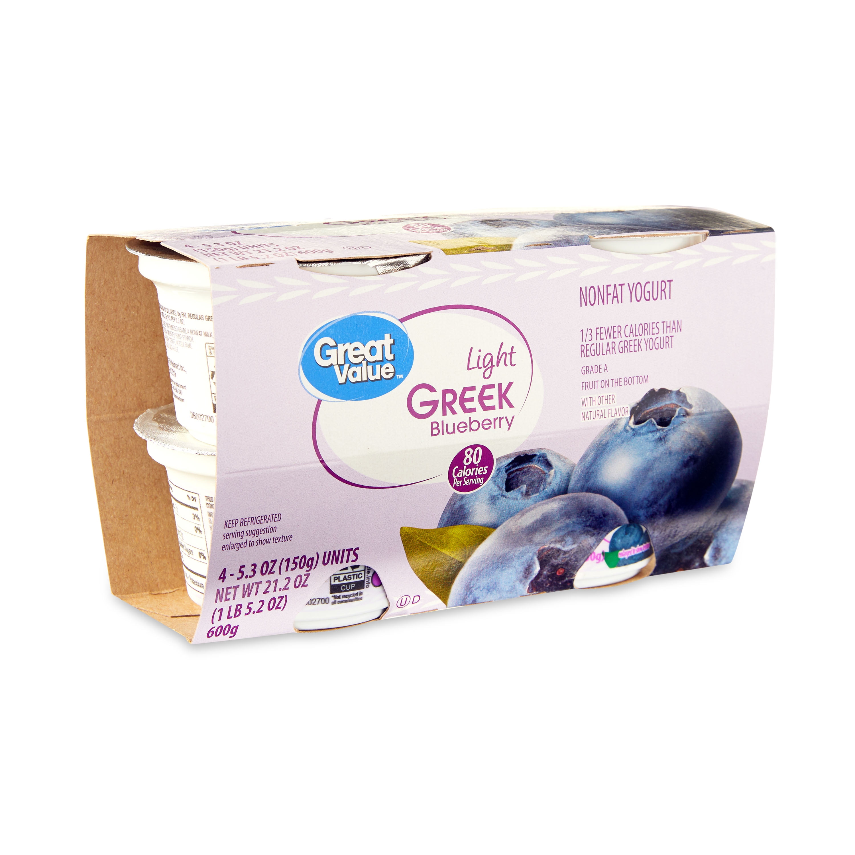Great Value Light Greek Yogurt, Blueberry, 5.3 oz, 4 Count (plastic cups)
