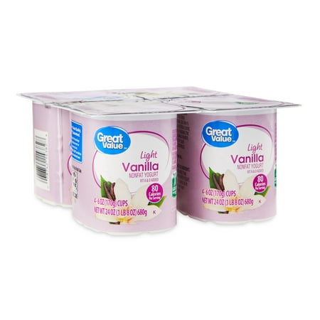 Great Value Light Vanilla Nonfat Yogurt, 6 oz Cups, 4 Count