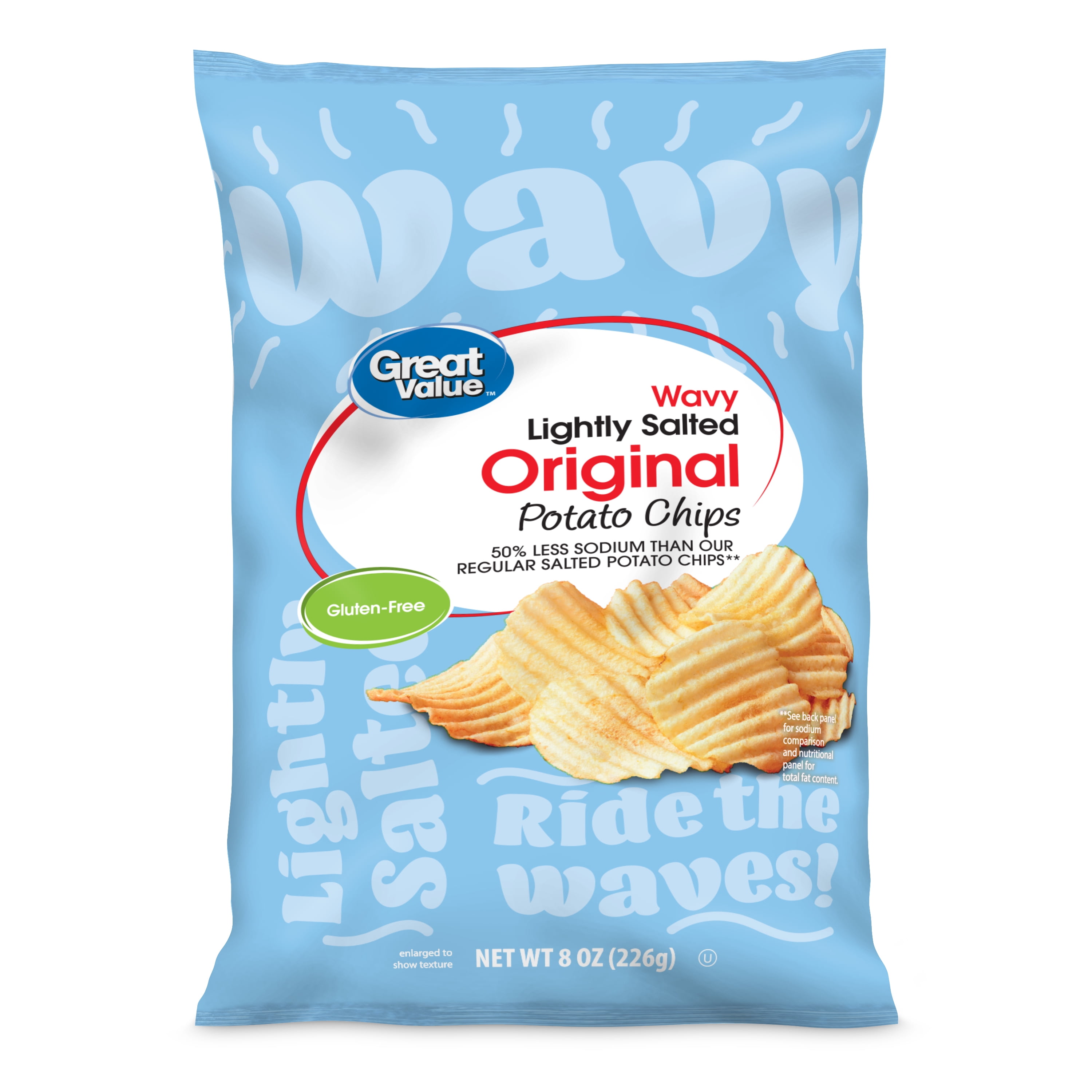 Great Value Lightly Salted Original Flavor Wavy Potato Chips, 8 oz