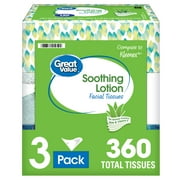 Great Value Lotion Soothing Facial Tissues, 3 Flat Boxes (360 Total Tissues)