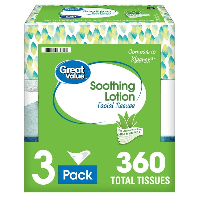 Great Value Lotion Soothing Facial Tissues, 3 Flat Boxes (360 Total
