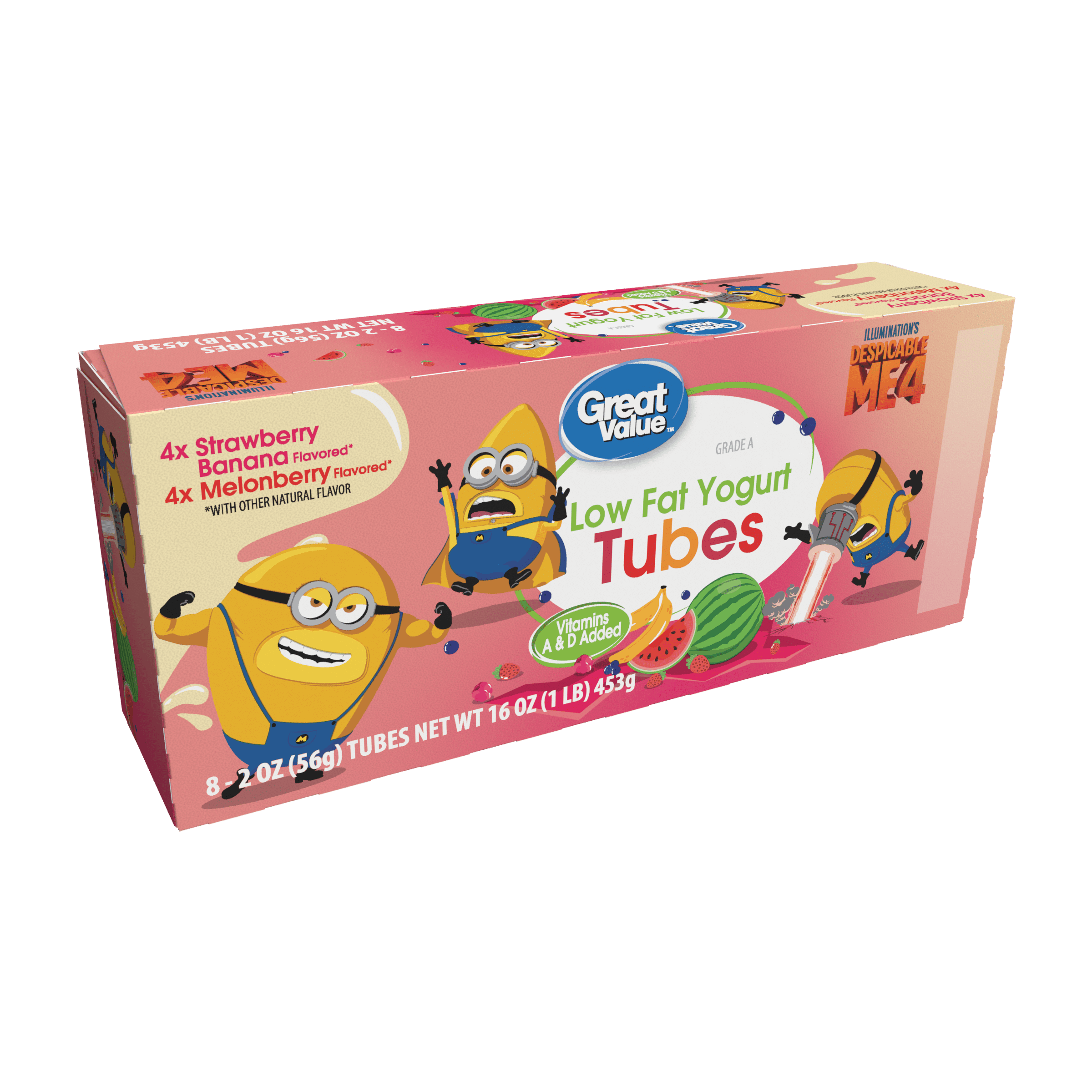 Great Value Lowfat Yogurt Tubes, Melonberry & Strawberry Banana Flavors, 2 oz Plastic Tubes, 8 Count