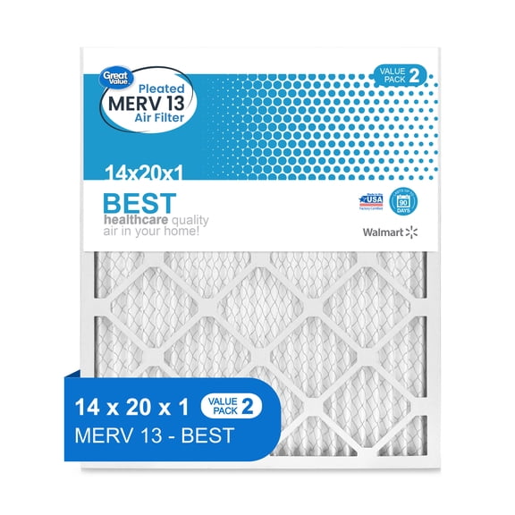 Great Value MERV 13 Pleated Furnace Filters, Best for Indoor Air Quality, (2 Count)