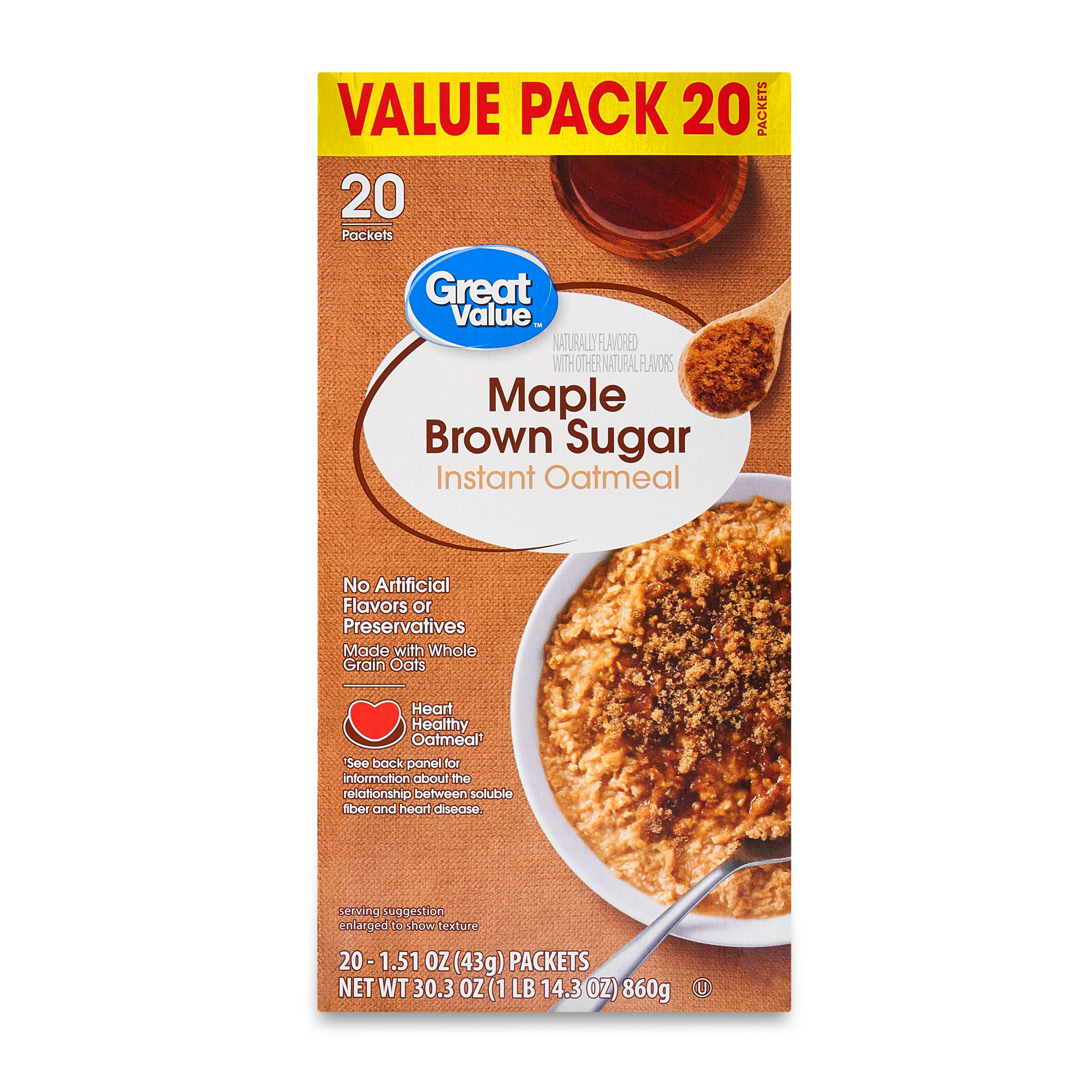 Great Value Maple & Brown Sugar Instant Oatmeal, 1.51 oz, 20 Packets