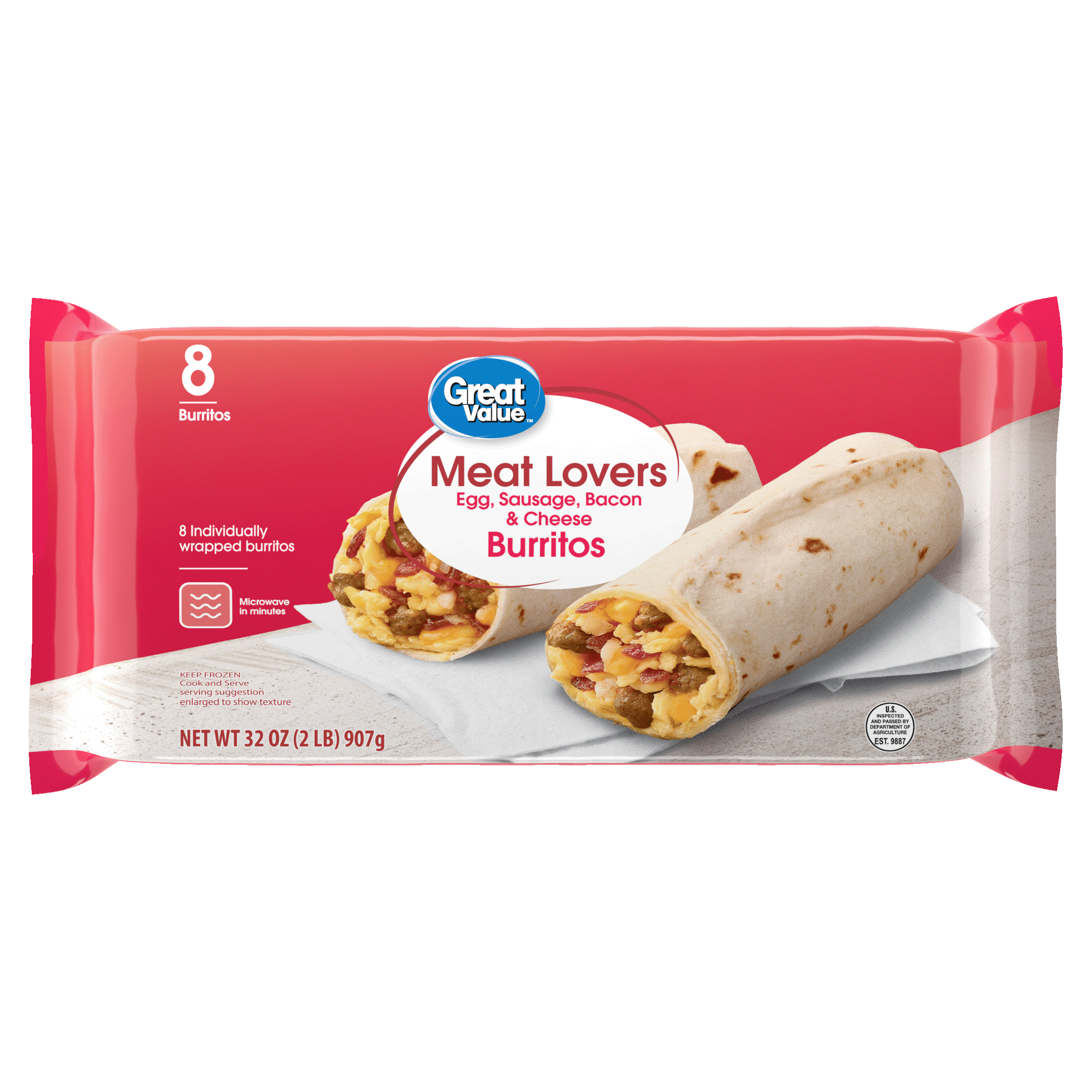 Great Value Meat Lovers Breakfast Burrito, Multipack, 32 oz, 8 Count