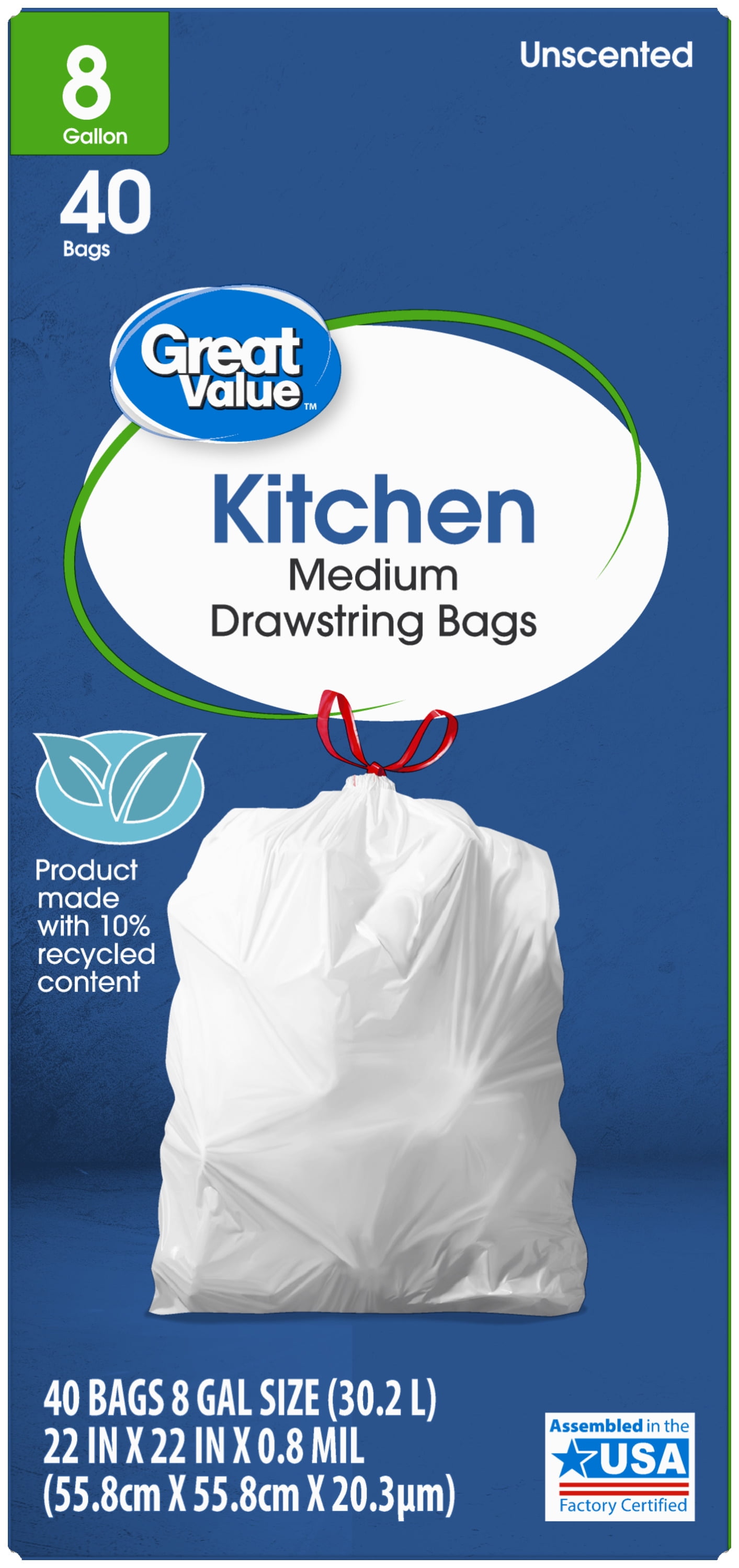 Great Value Medium Kitchen Trash Bags, 8 Gallon, 40 Bags (Drawstring