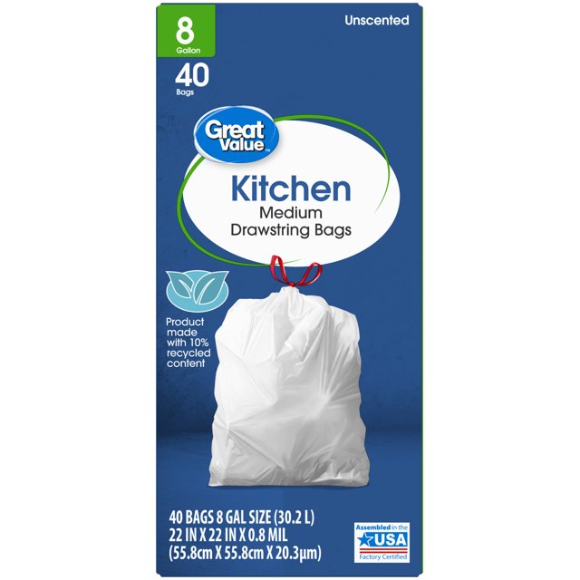 Great Value Medium Kitchen Trash Bags, 8 Gallon, 40 Bags (Drawstring