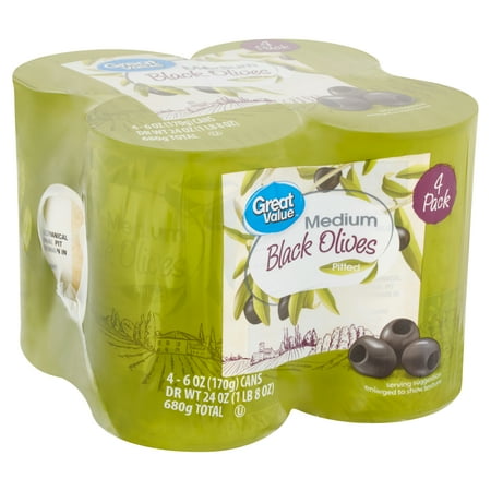 Great Value Medium Pitted Black Olives, 6 oz, 4 Count. Major Allergens Not Contained. Gluten Free.