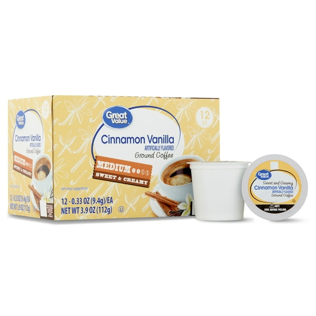 Great Value Medium Roast Cinnamon Vanilla Ground Coffee Pods, 12 Ct