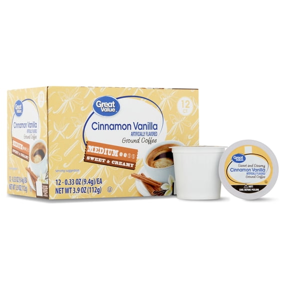 Great Value Medium Roast Cinnamon Vanilla Ground Coffee Pods, 12 Count