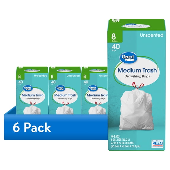 (6 pack) Great Value Medium Trash Drawstring Bags, 8 Gallon, 40 Count