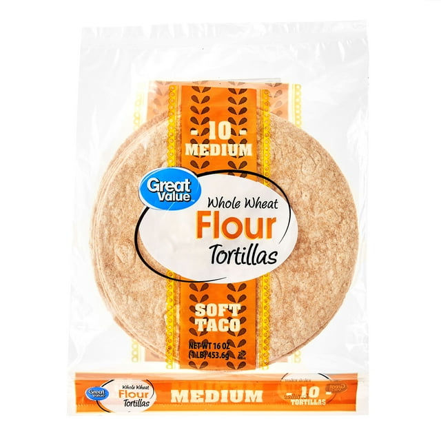 Great Value Medium Whole Wheat Flour Tortillas, 16 oz, 10 Count