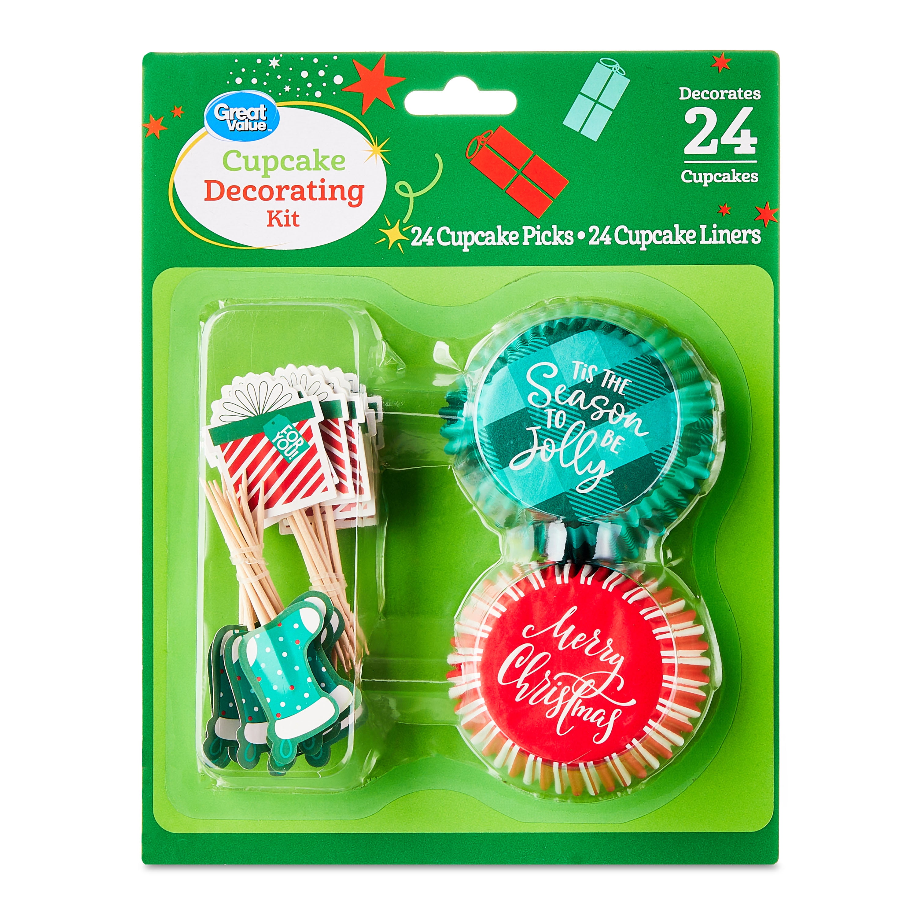 Great Value Merry Christmas Cupcake Decorating Kit, 24 Count
