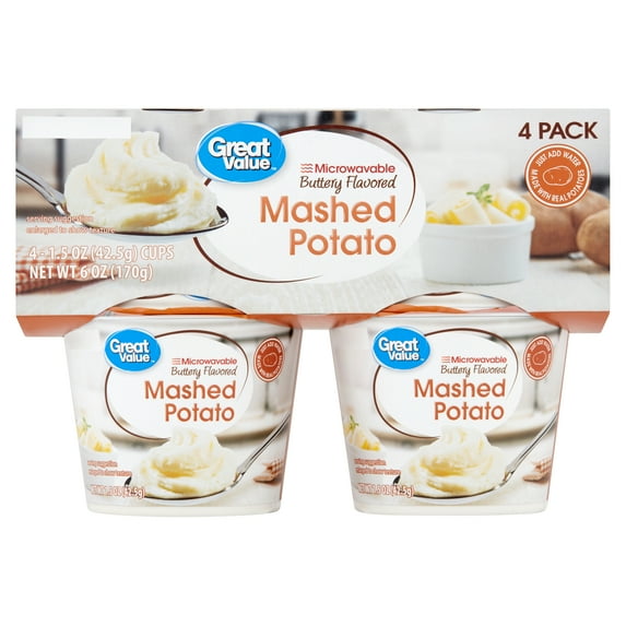 Great Value Microwavable Buttery Flavored Mashed Potato, 1.5 oz Cup, 4 Count