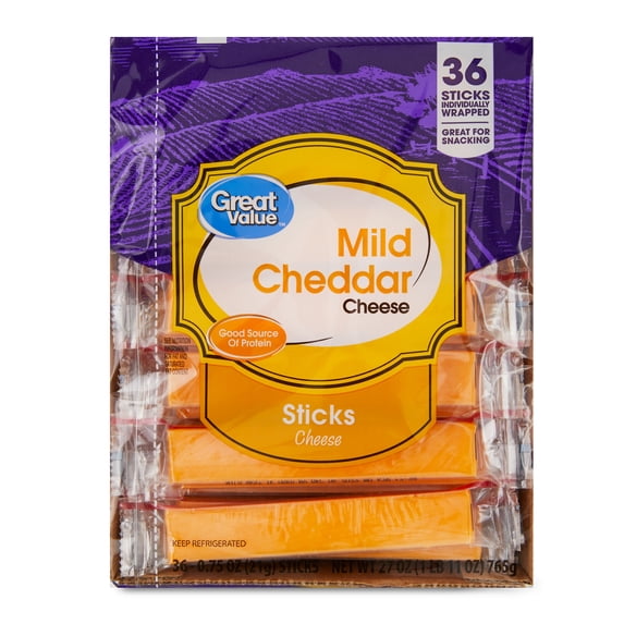 Great Value Mild Cheddar Cheese Snacks, 27 oz Bag, 36 Cheese Sticks