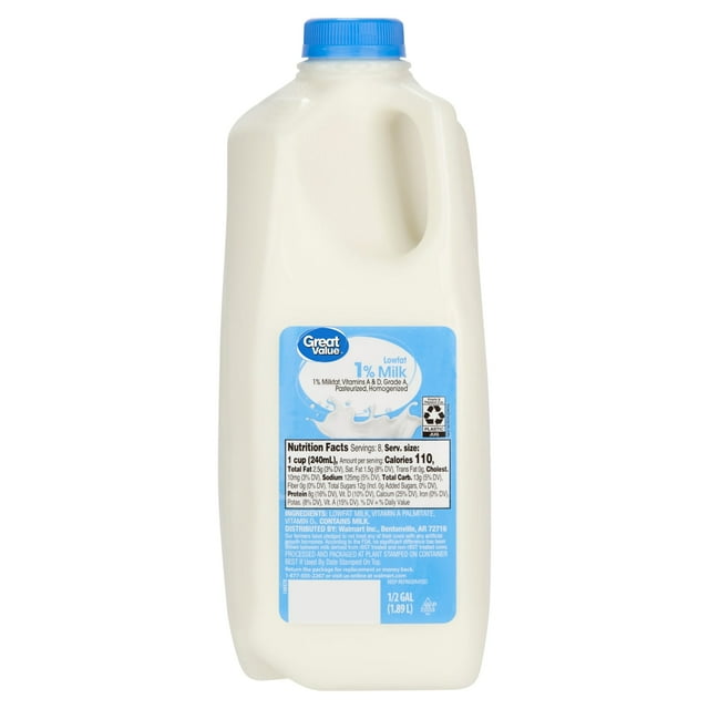 Great Value Milk 1% Low-fat, Half Gallon, Plastic Jug
