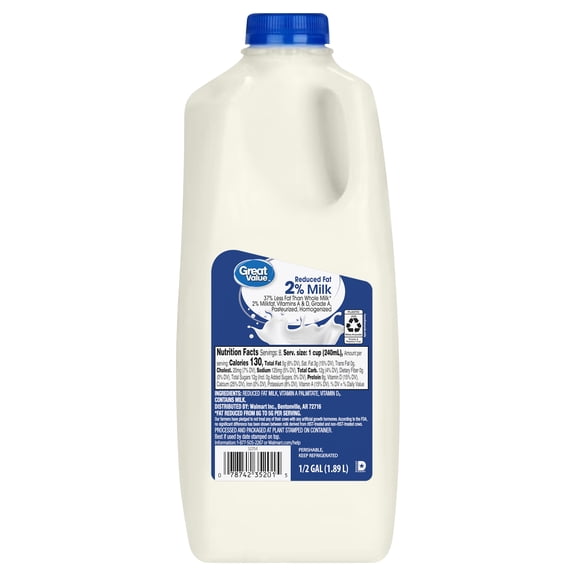 Great Value , 2% Reduced Fat Milk, Half Gallon, 64 fl oz
