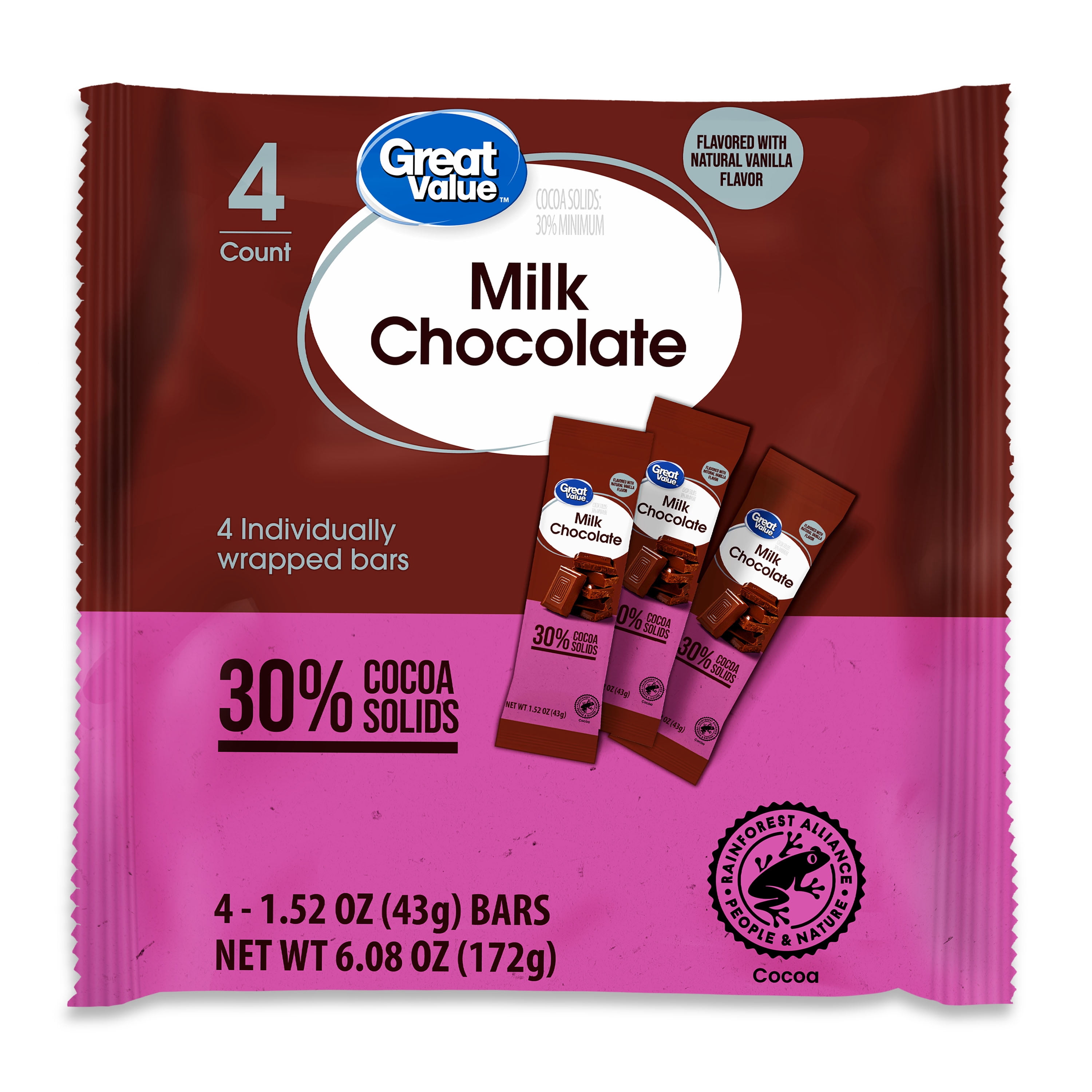 Great Value Milk Chocolate Bars, 1.52 oz, 4 Count