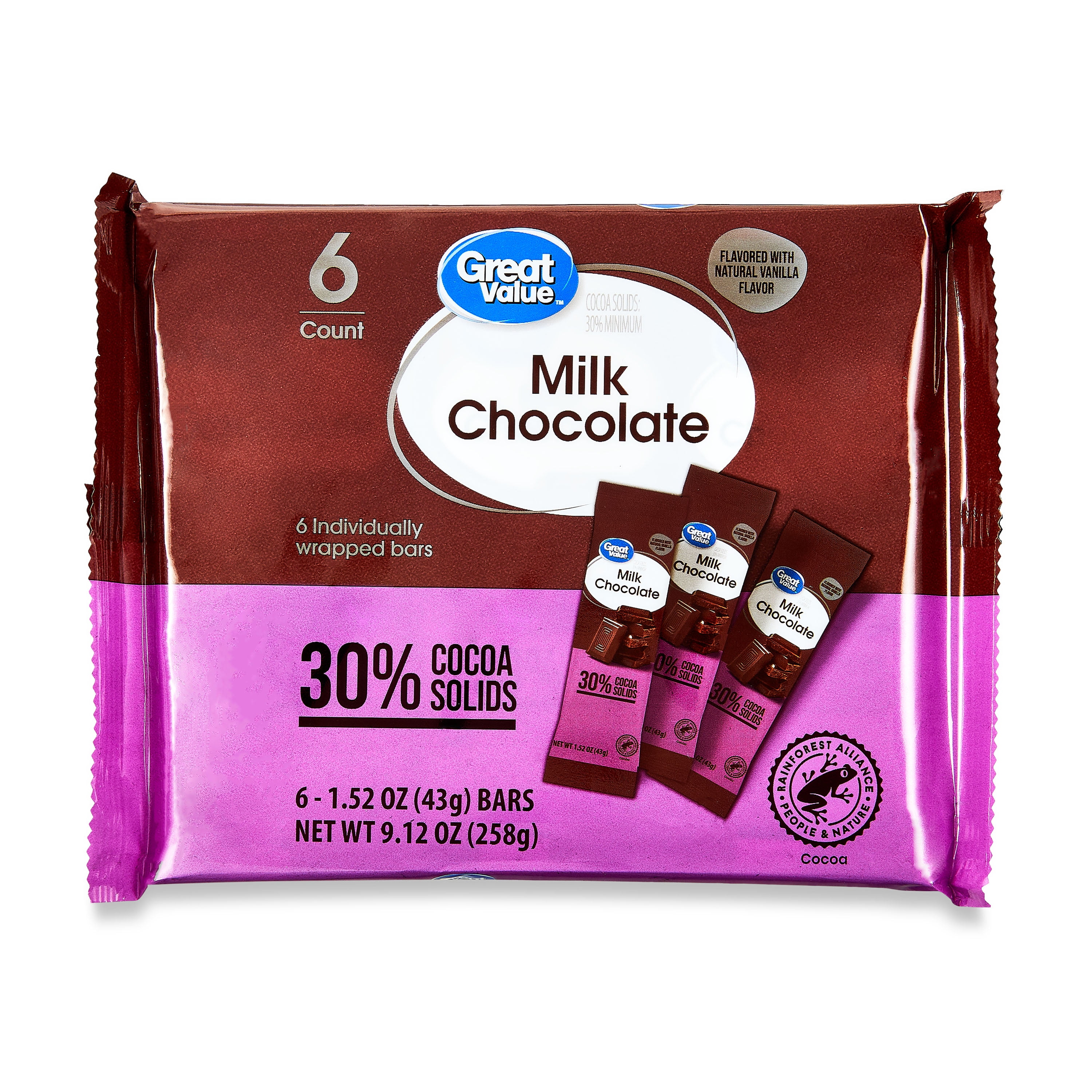 Great Value Milk Chocolate Bars, 1.52 oz, 6 Count