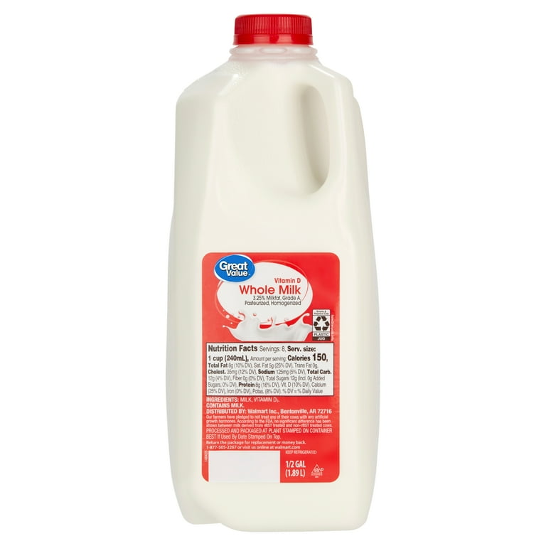 Great Value Milk Whole Vitamin D, Half Gallon, Plastic, Jug, 64oz