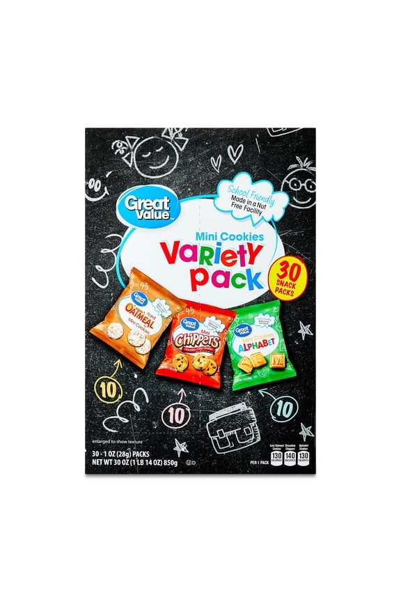 Mini Alphabet, Chippers & Oatmeal Cookies Variety Pack, 1 oz, 30 Snack Packs