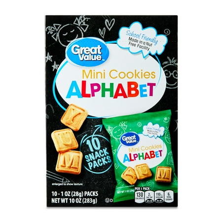Great Value Mini Alphabet Cookies, 1 oz, 10 Snack Packs