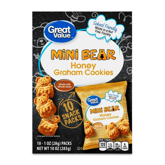Great Value Mini Bear Honey Graham Cookies, 1 oz, 10 Snack Packs