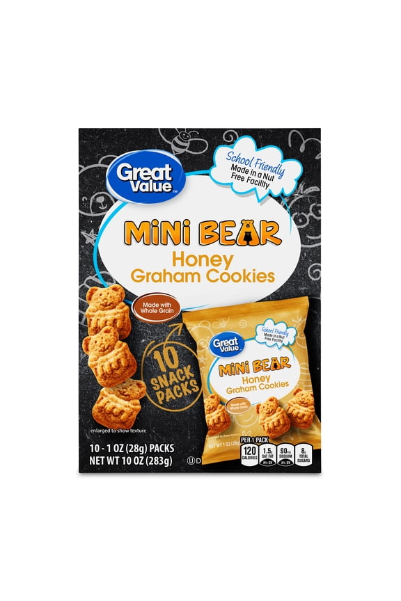 Mini Bear Honey Graham Cookies, 1 oz, 10 Snack Packs
