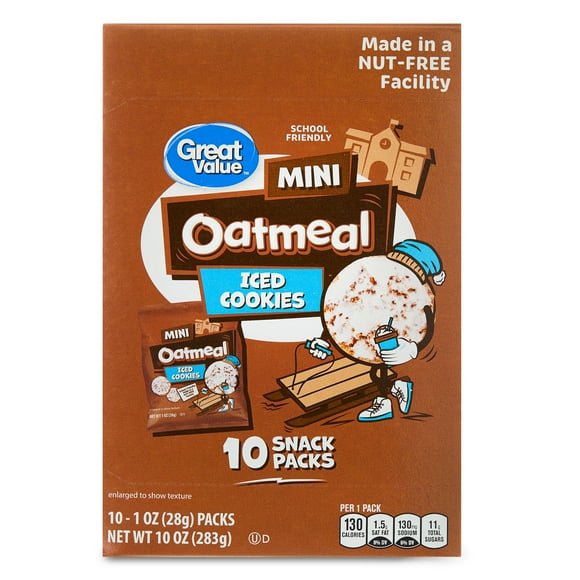 Great Value Mini Iced Oatmeal Cookies, 1 oz, 10 Snack Packs