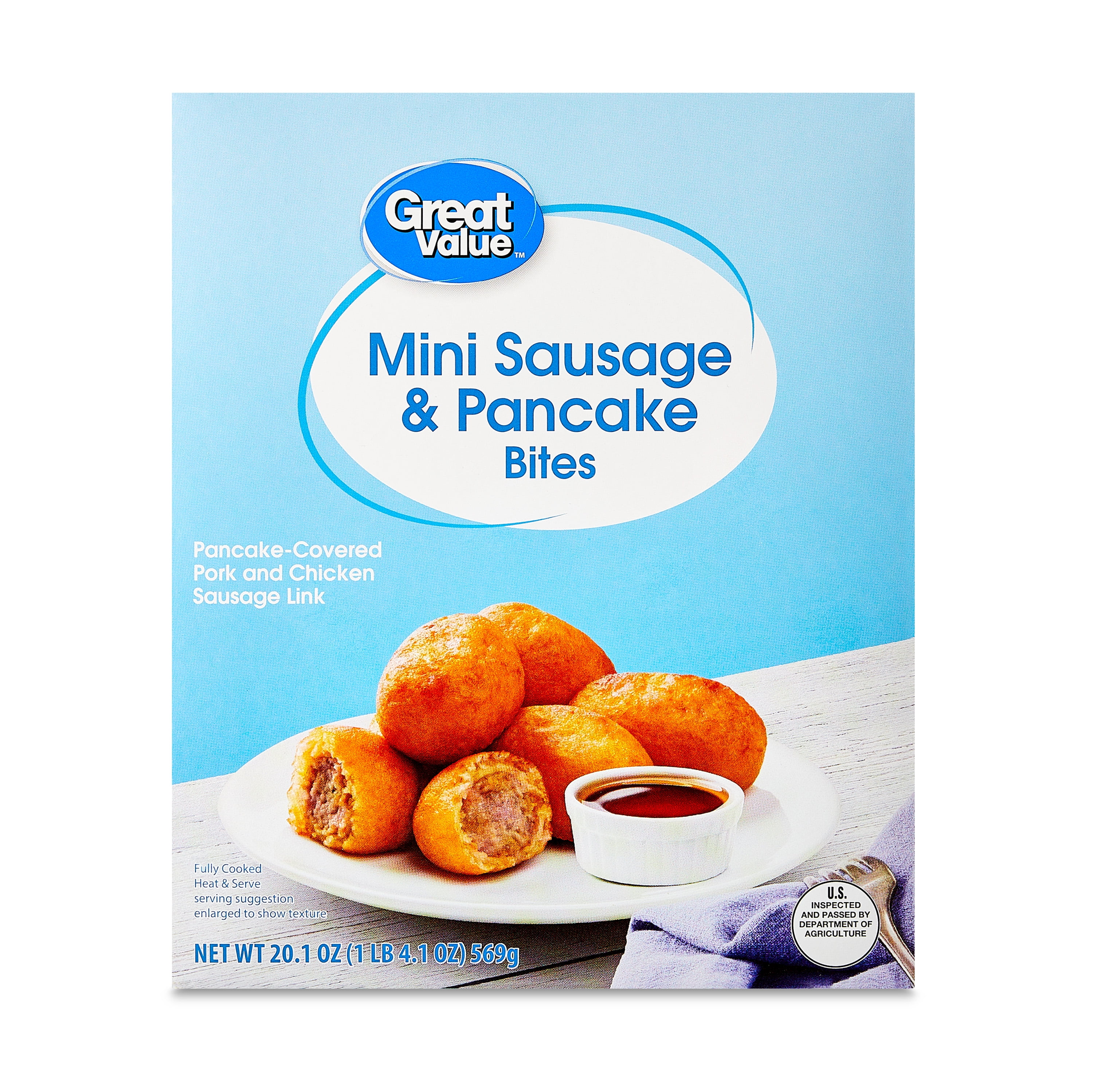 Great Value Mini Sausage & Pancake Bites, 20.1 oz (Frozen), allergens include milk, eggs, wheat and soy