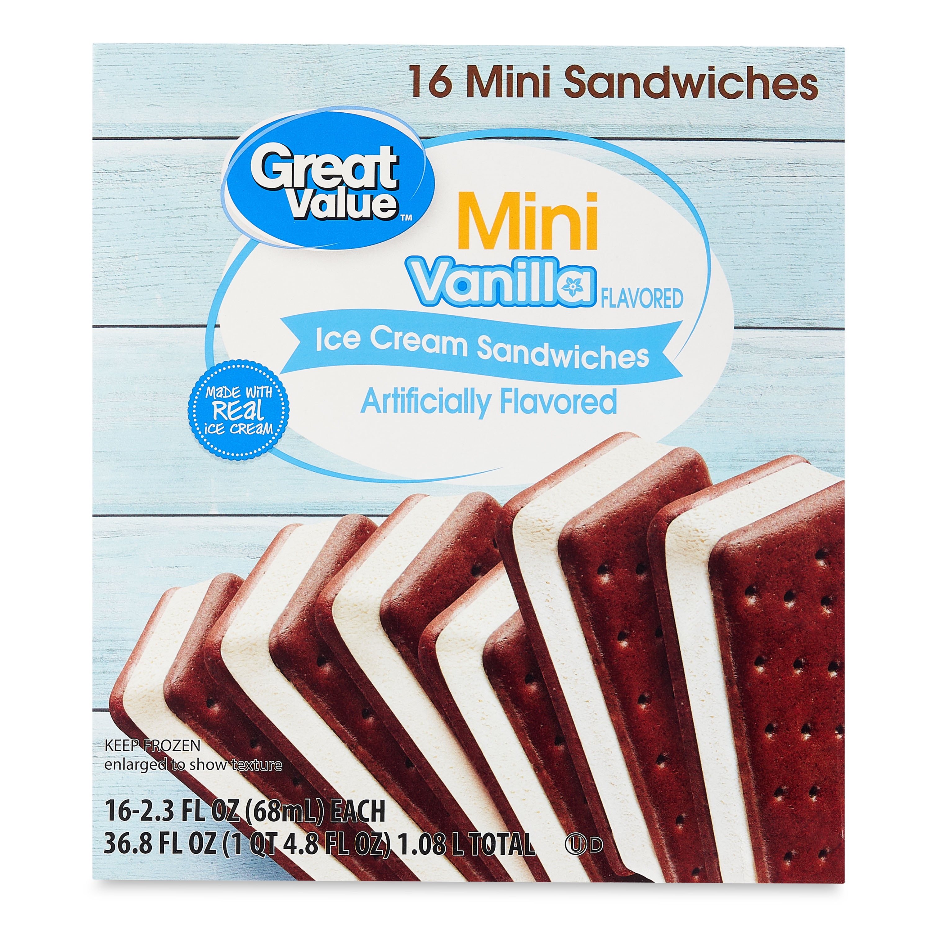 Great Value Mini Vanilla Flavored Ice Cream Sandwiches, 2.3 fl oz, 16
