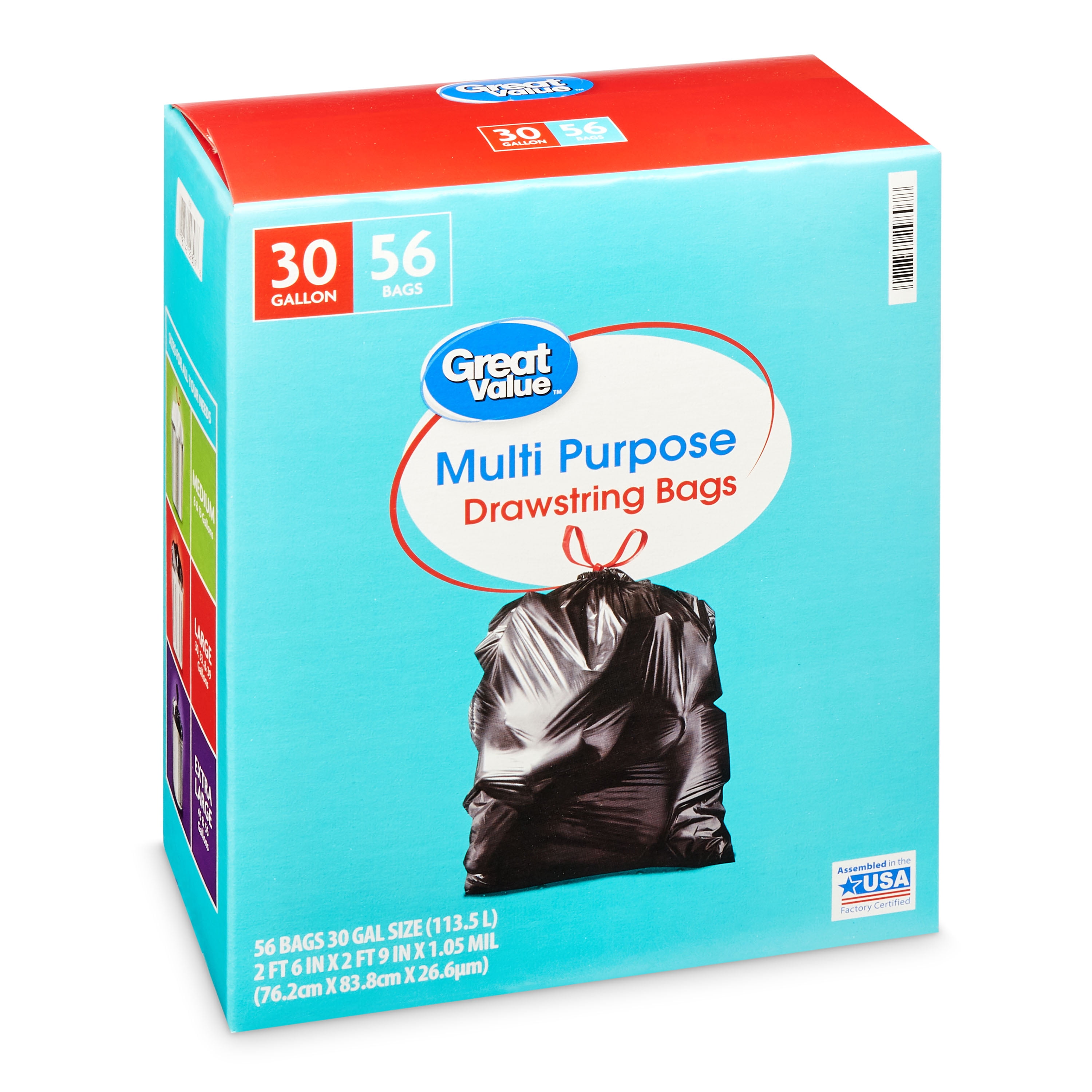 Great Value Multipurpose Drawstring Trash Bags, 30 Gallon, 56 Count