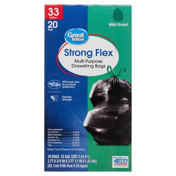 Great Value Mint Scent Strong Flex Multi-Purpose Trash Bags, 33 Gallon, 20 Count