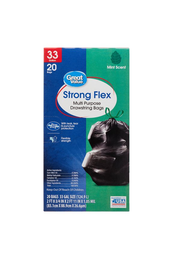 Mint Scent Strong Flex Multi-Purpose Trash Bags, 33 Gallon, 20 Count