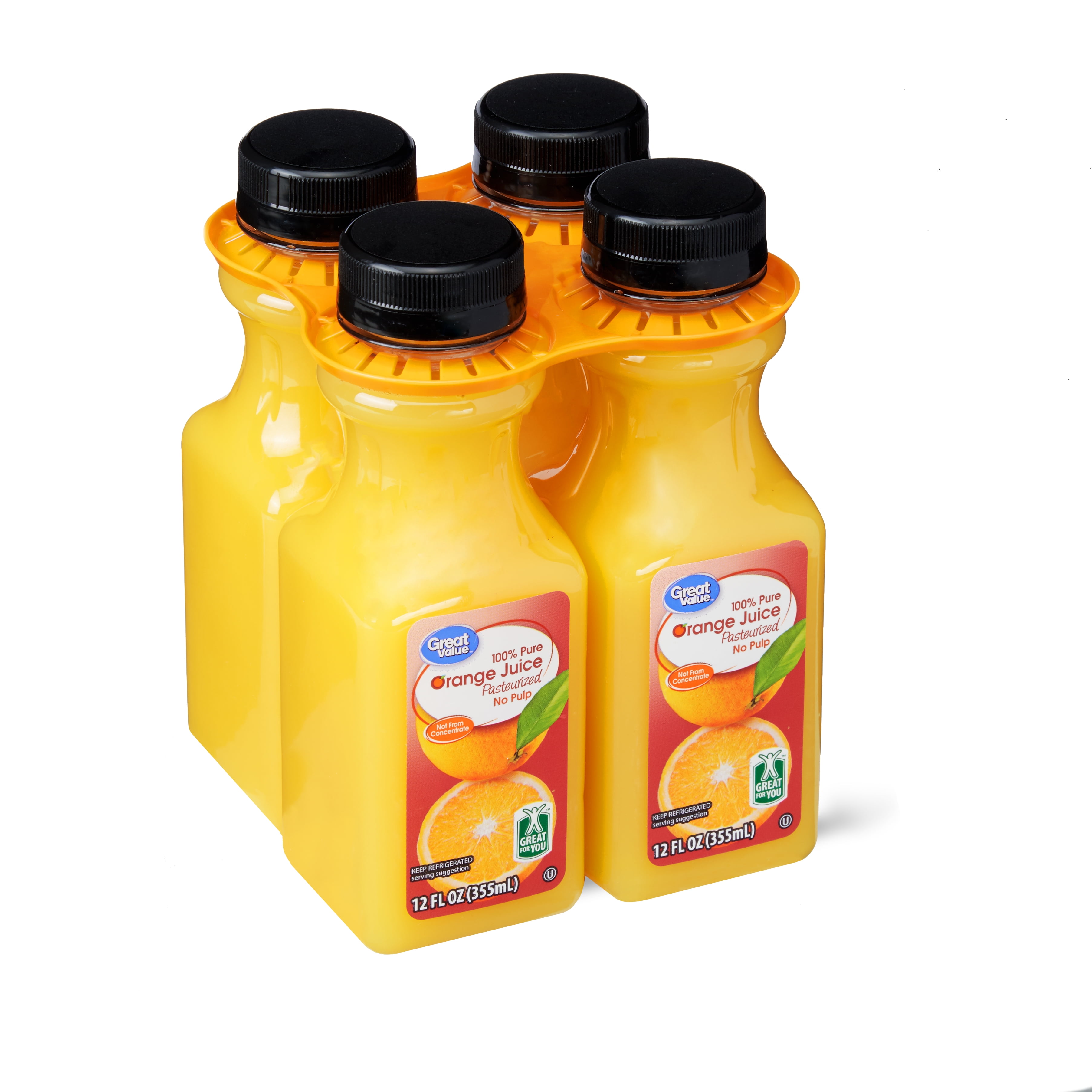 Great Value No Pulp Orange Juice, 12 oz, 4 Count