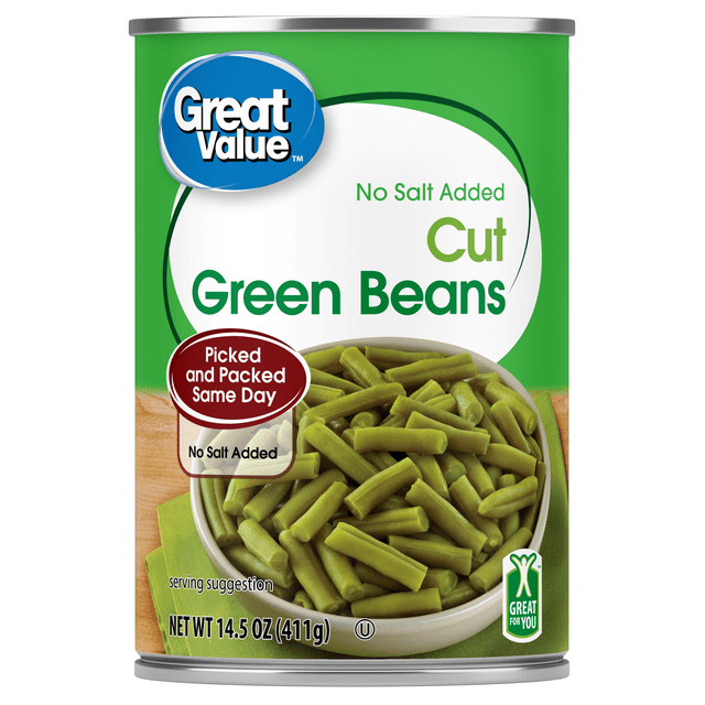 Great Value No Salt Added Cut Green Beans, 14.5 oz Can