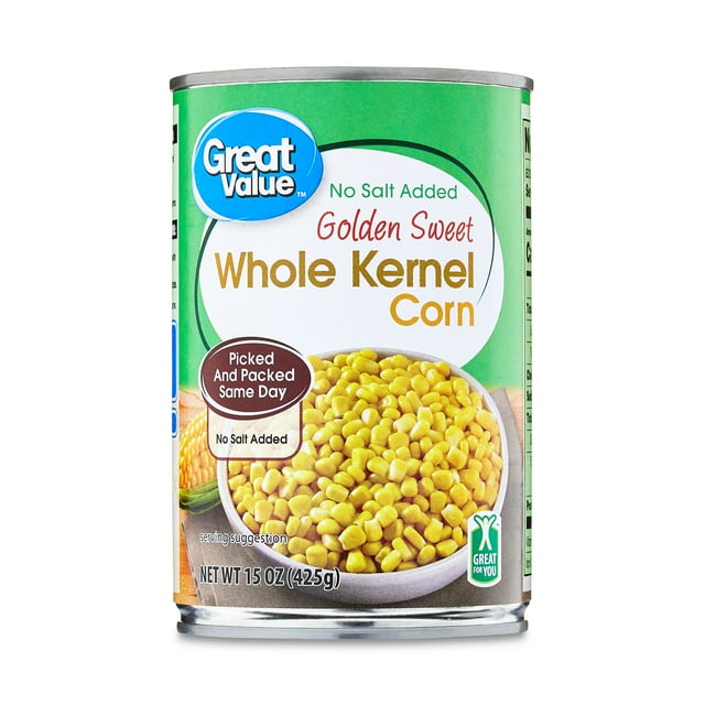 Great Value No Salt Added Golden Sweet Whole Kernel Corn, 15.25 oz ...