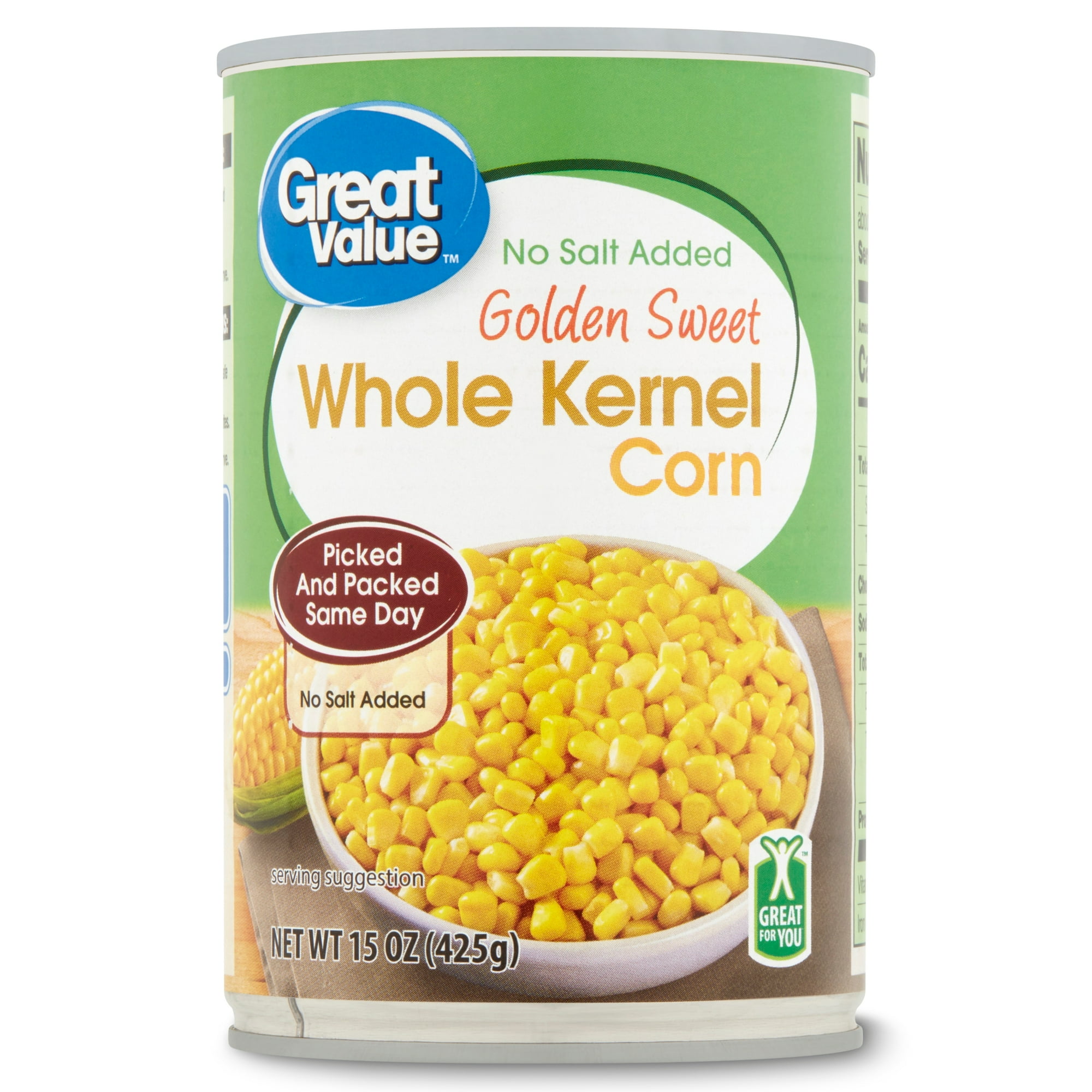 Great Value No Salt Added Golden Sweet Whole Kernel Corn, Canned Corn, 15.25 oz Can Great Value No Salt Added Golden Sweet Whole Kernel Corn, Canned Corn, 15.25 oz Can