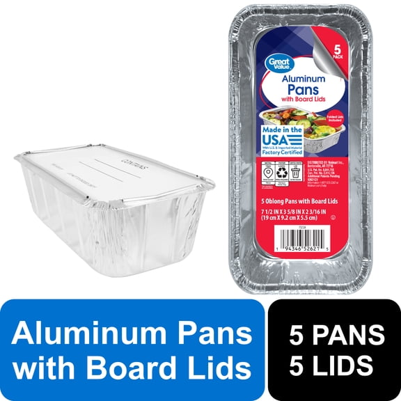 Great Value 7.5 x 3.63" Oblong Aluminum Meal Prep Pan with Folded Lids (5 pack)