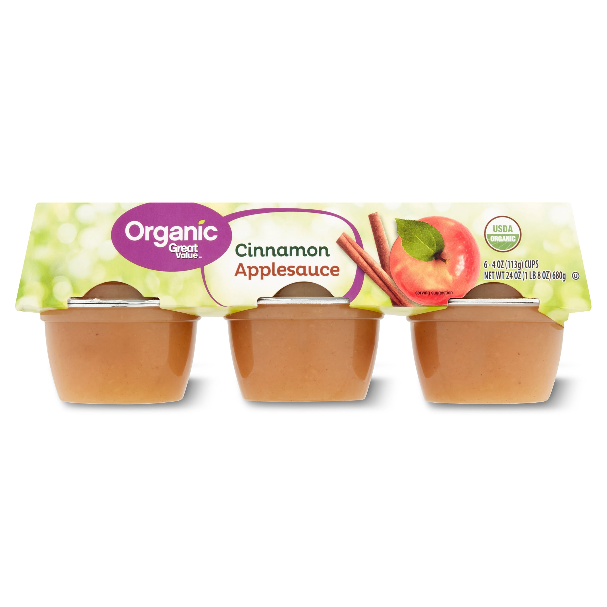 Great Value Organic Cinnamon Applesauce, 4 oz, 6 Count