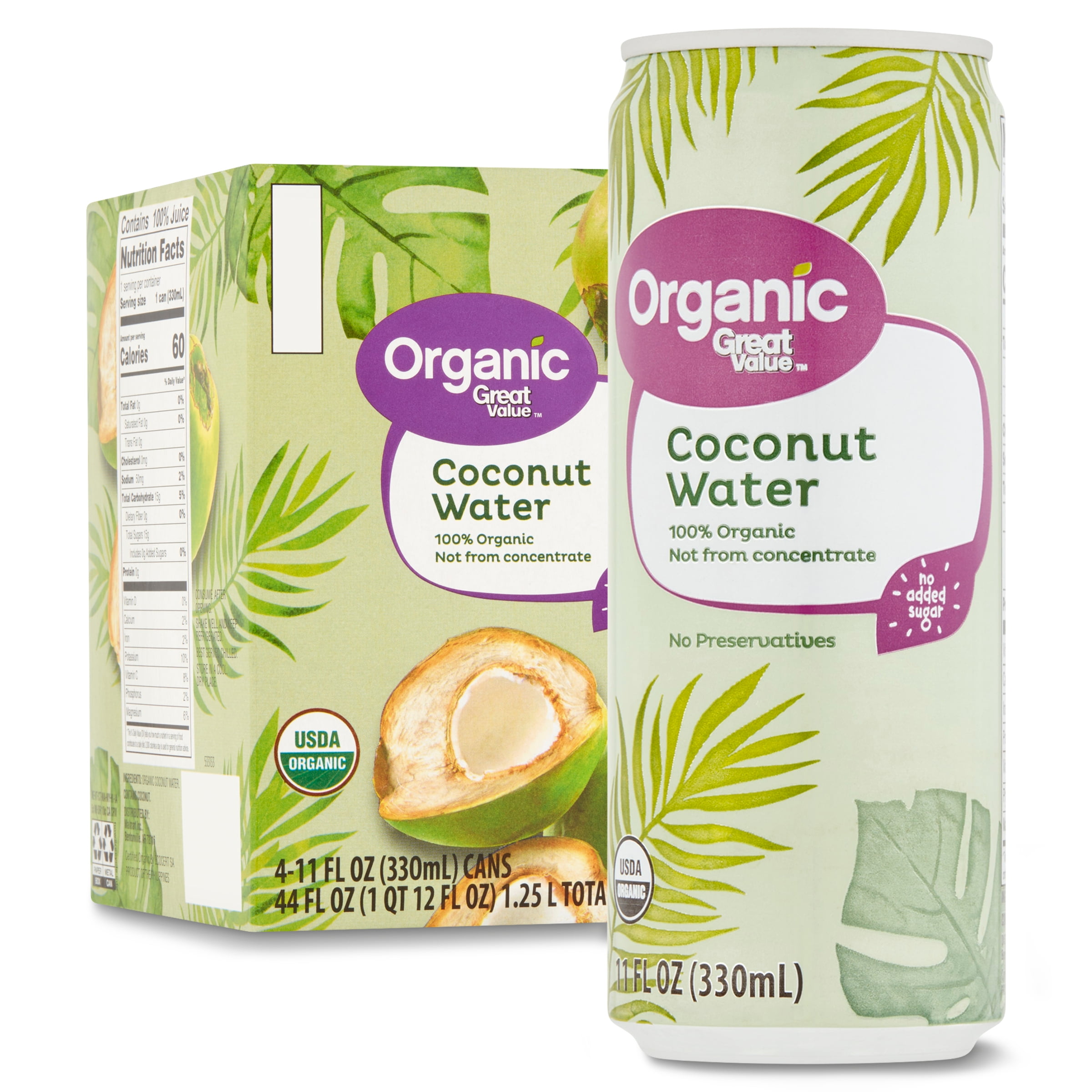 Great Value Organic Coconut Water, 11 fl oz, 4 Count